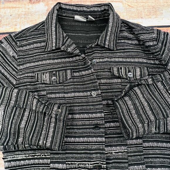 Chico's Metallic Woven Button Front Blazer Jacket Black White 3/L 16-18 - Picture 2 of 8